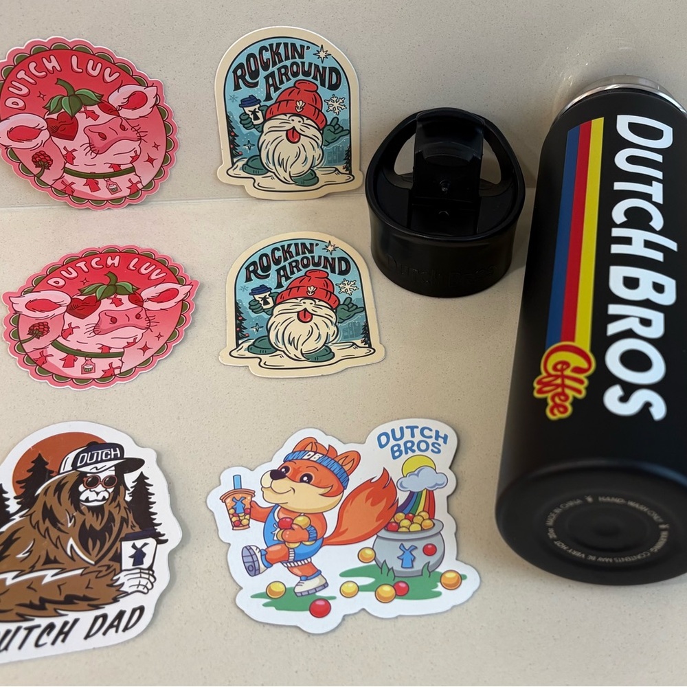 NWOT Dutch Bros Matte Black Steel 20oz Tumbler w/various New Dutch Bros Stickers - Picture 3 of 6